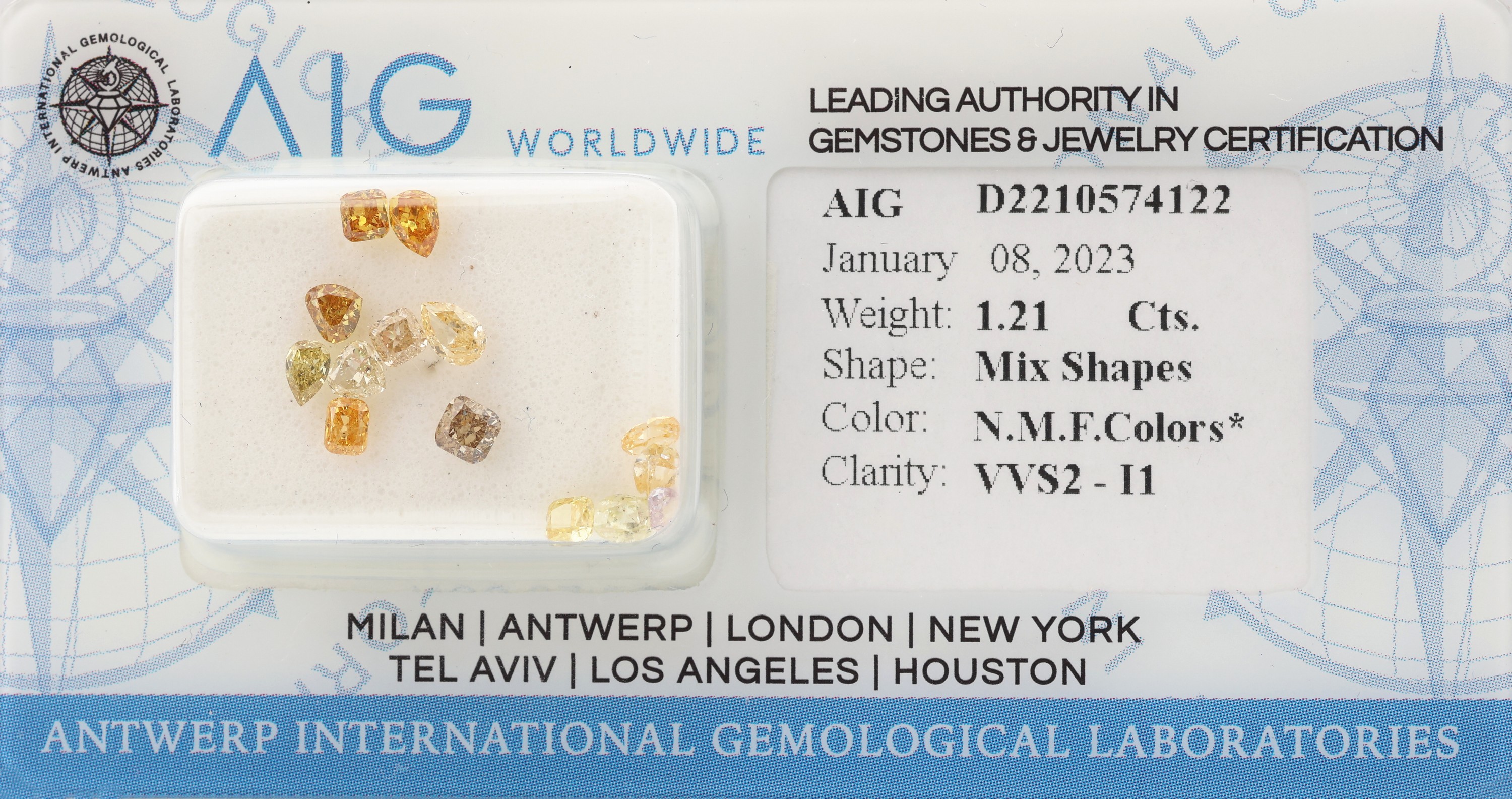 Lot lose Diamanten zus. 1.21 ct, in versch.Größen, Farben und Reinheiten, verschweißt, mit AIG Expertise, 01/2023