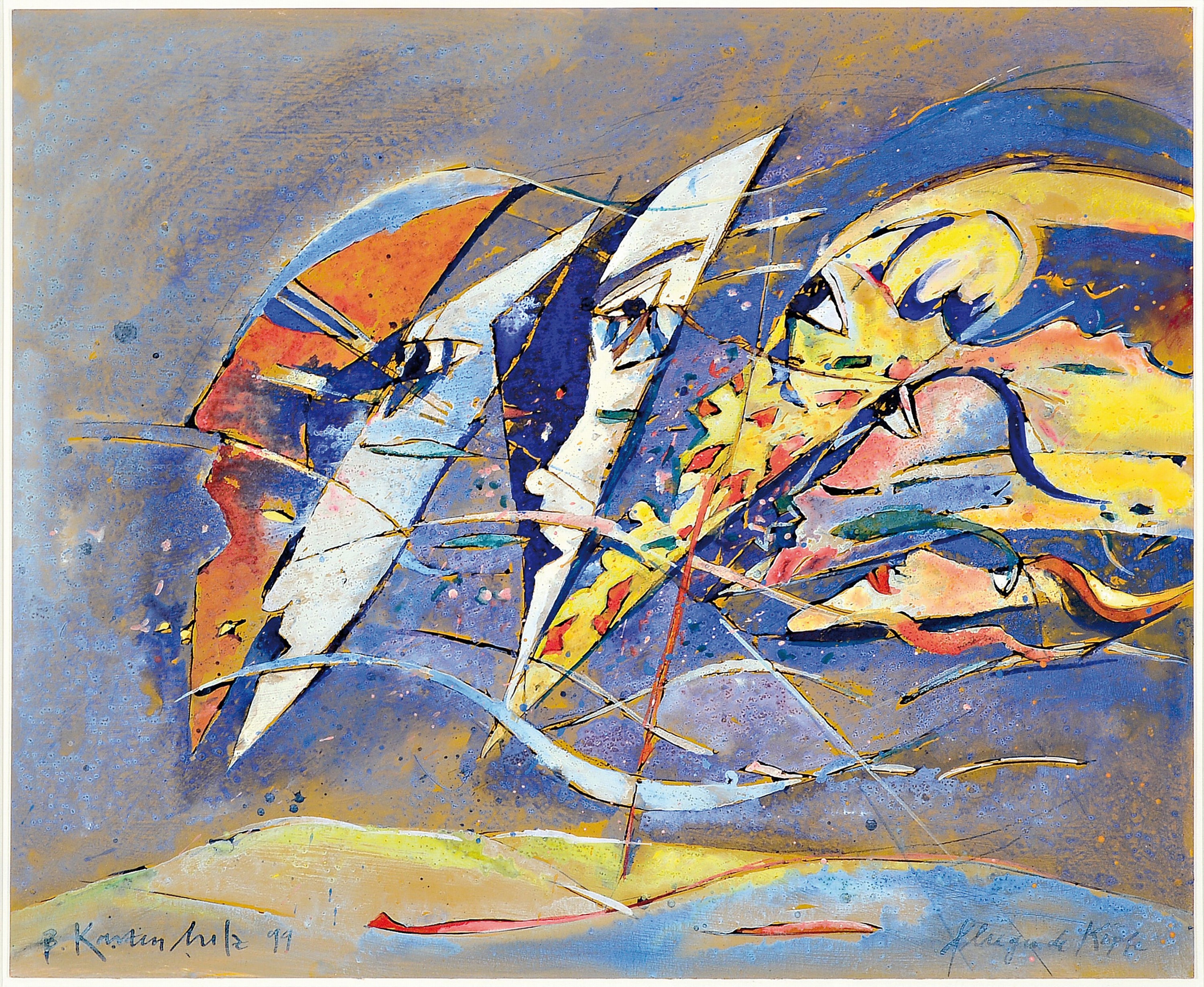 Bernd Kastenholz, geb. 1949 Speyer, fliegende Köpfe, Gouache auf Papier, betitelt und signiert, ca. 44x53cm, PP, u.Gl., R. ca. 69x79cm