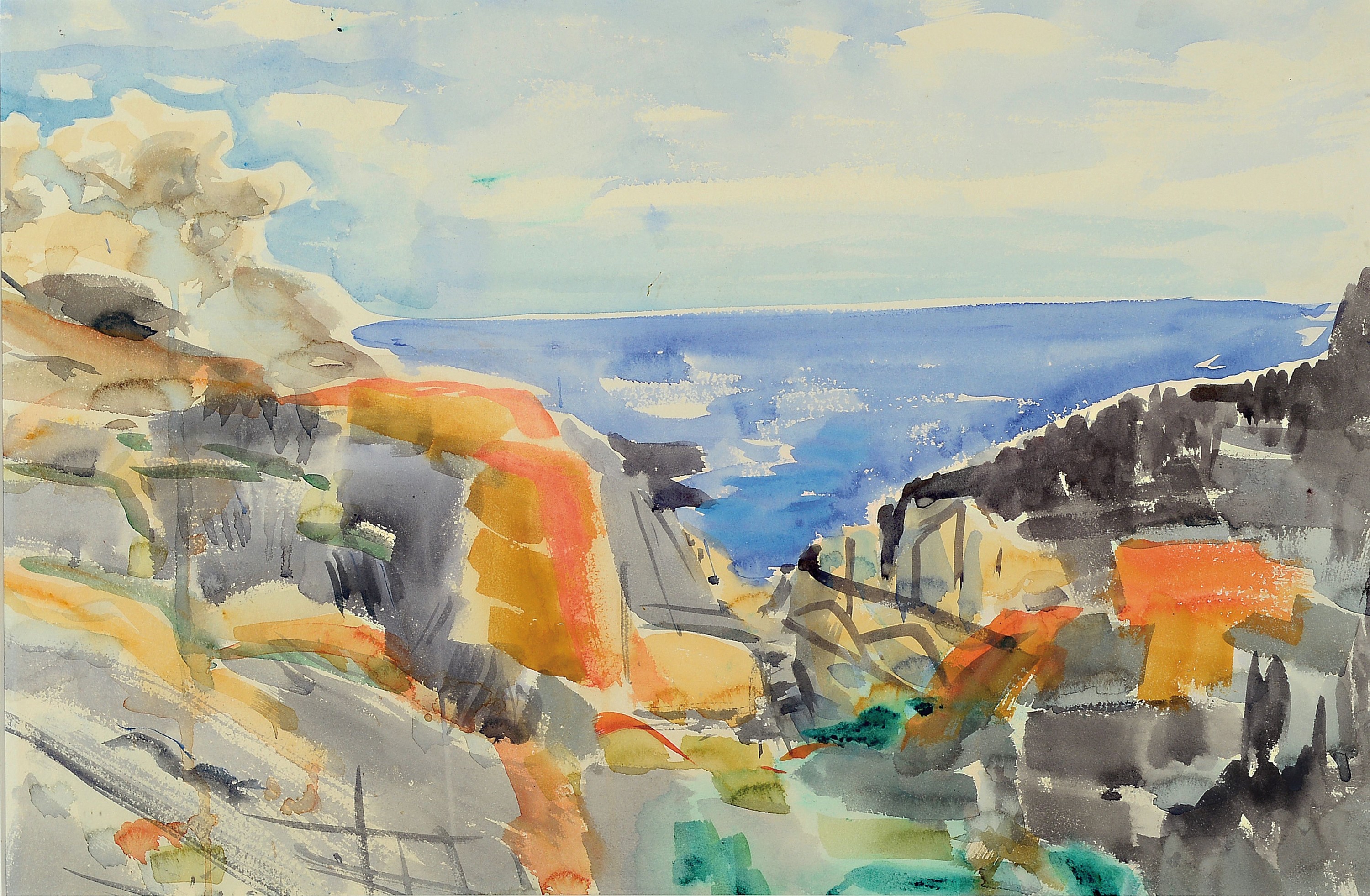 Hermann Jürgens, 1914 Heidelberg-1967 Godramstein, 2 Aquarelle auf Papier: Landschaft auf Ibiza, ca. 44x62cm, PP, u.Gl., R. ca. 68x86cm, ...