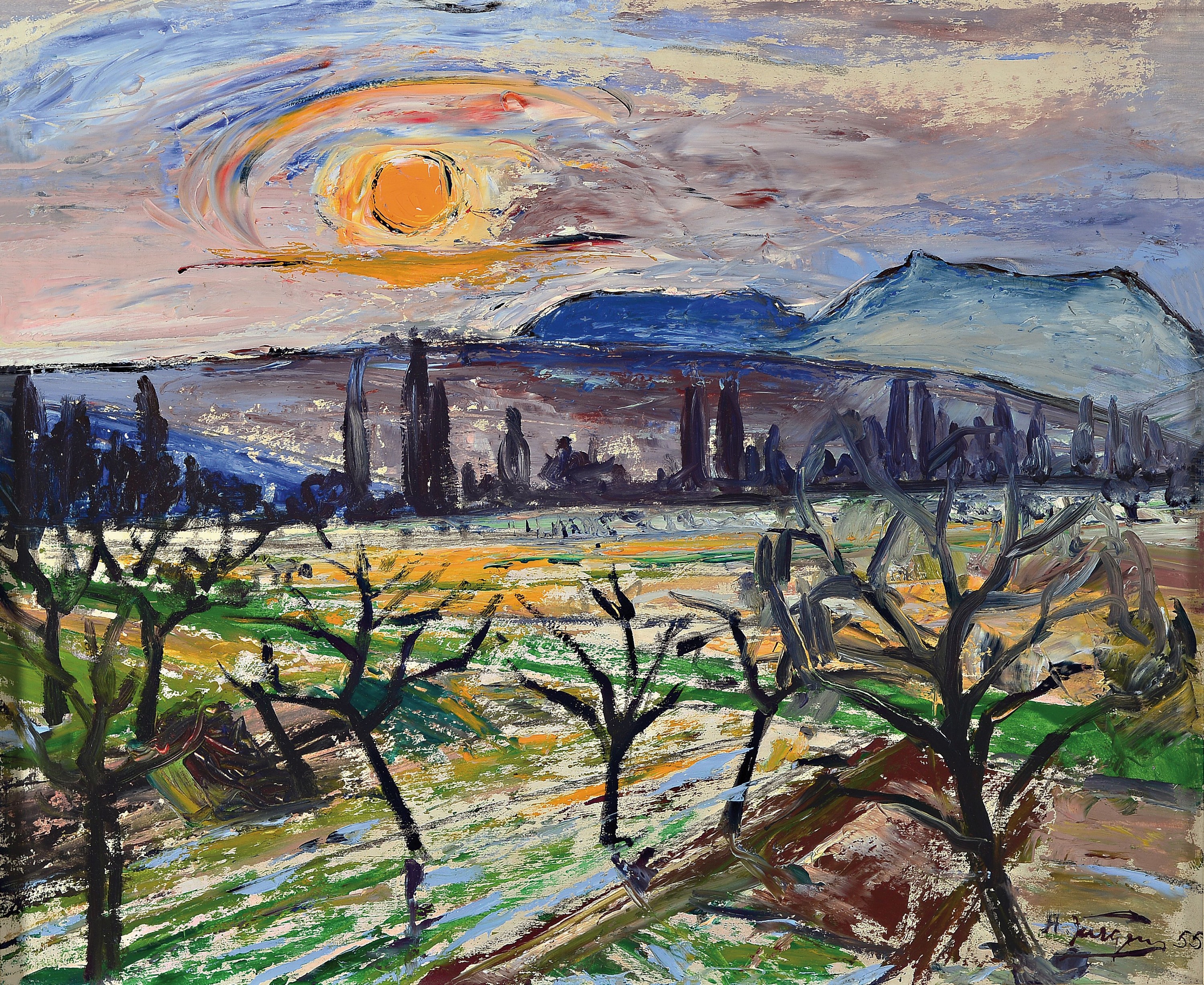 Hermann Jürgens, 1914 Heidelberg-1967 Godramstein, Abendsonne über der Haardt, Öl/Malkarton, rechts unten signiert, ca. 46x56cm, R. ca. 50x60cm
