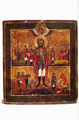 26791506k - Two icons, Russia, 19th/20th century Century, tempera on wood, transfiguration on Mount Tabor 35x31 cm, saint icon with scenes from the Vita, 35x32 cm