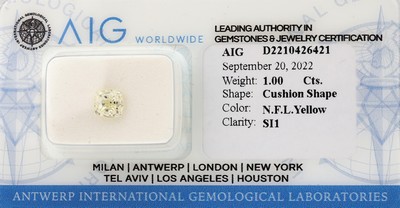 Image Loose Cushion-Cut diamond approx. 1.00 ct , Natural Fancy Light Yellow/si1, sealed, with ...