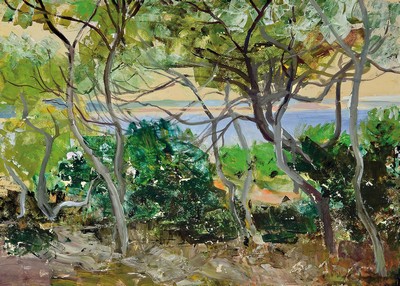 26791570a - Hermann Jürgens, 1914 Heidelberg-1967 Godramstein, 2 watercolors on paper: Landscapeon Ibiza, approx. 44x62cm, PP, etc., frame approx. 68x86cm, coastal landscape, approx. 34x52 cm, PP, etc., frame .approx. 53x71cm