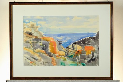 26791570k - Hermann Jürgens, 1914 Heidelberg-1967 Godramstein, 2 watercolors on paper: Landscapeon Ibiza, approx. 44x62cm, PP, etc., frame approx. 68x86cm, coastal landscape, approx. 34x52 cm, PP, etc., frame .approx. 53x71cm