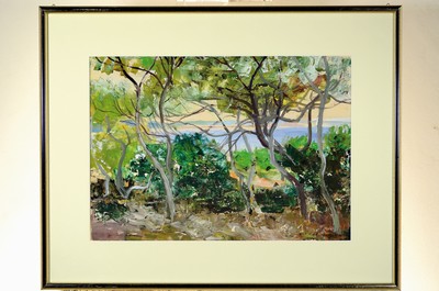 26791570l - Hermann Jürgens, 1914 Heidelberg-1967 Godramstein, 2 watercolors on paper: Landscapeon Ibiza, approx. 44x62cm, PP, etc., frame approx. 68x86cm, coastal landscape, approx. 34x52 cm, PP, etc., frame .approx. 53x71cm
