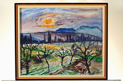 26791571k - Hermann Jürgens, 1914 Heidelberg-1967 Godramstein, evening sun over the Haardt, oil/painting board, signed lower right, approx. 46x56cm,frame approx. 50x60cm
