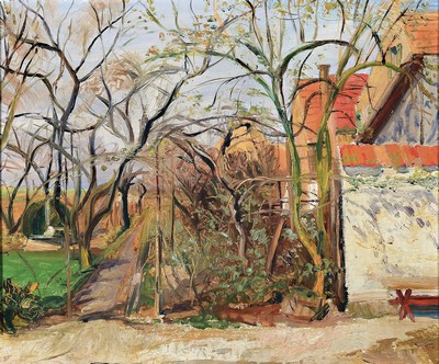 Image 26791572 - Hermann Jürgens, 1914 Heidelberg-1967 Godramstein, The garden behind the parents' garden in Godramstein, oil/painting board, unsigned, from the artist's family, approx. 50x60cm,frame approx. 56x66cm