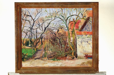 26791572k - Hermann Jürgens, 1914 Heidelberg-1967 Godramstein, The garden behind the parents' garden in Godramstein, oil/painting board, unsigned, from the artist's family, approx. 50x60cm,frame approx. 56x66cm