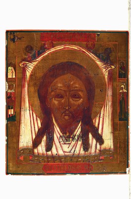 Image 26791577 - Icon with the Vera Icon, Russia, 19th/20th century, tempera and gold on wood, a pair of angels holding the acheiropoieton, marginal saint, surface damage, 45x40 cm, branding stamp on verso