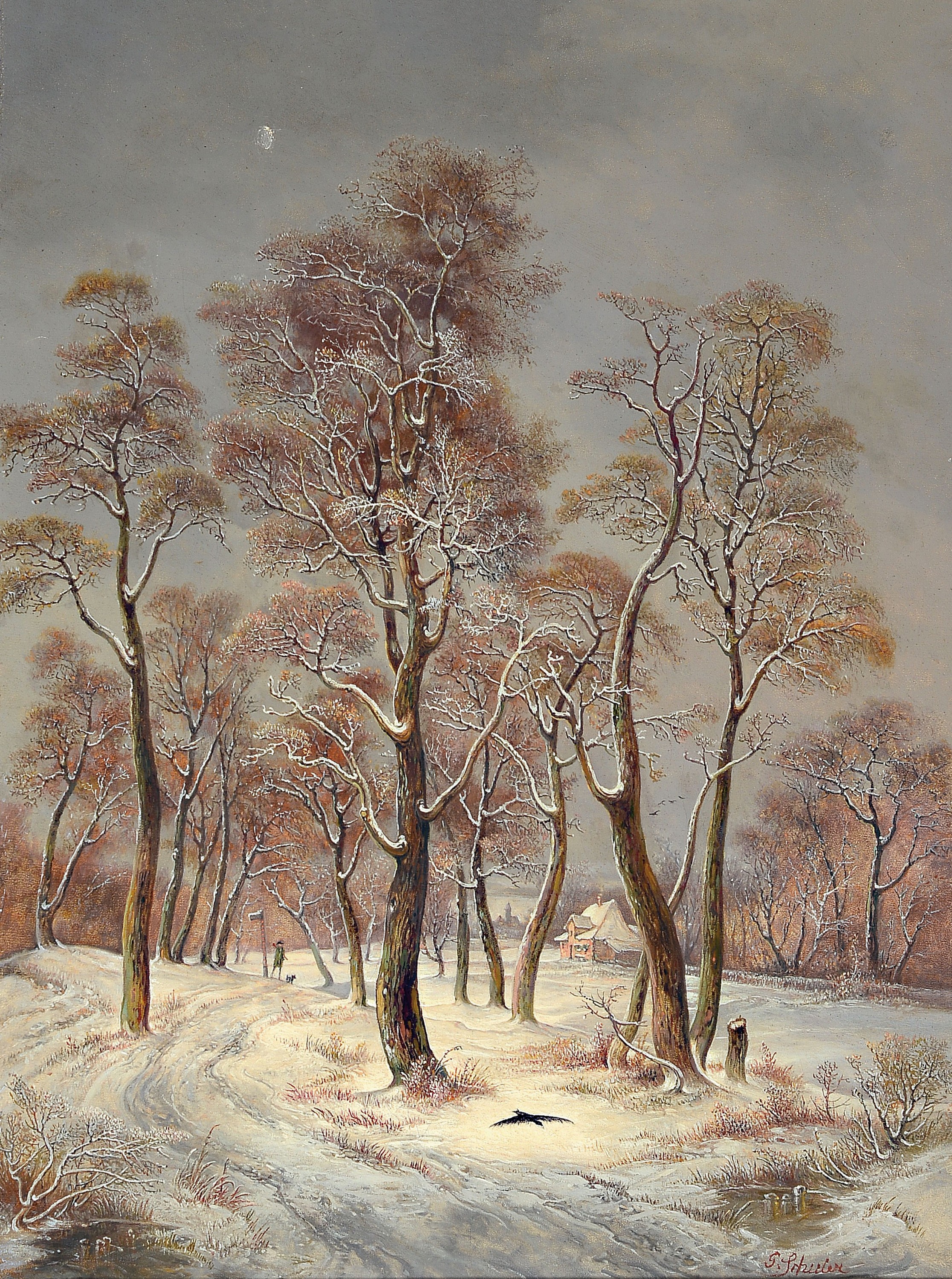 G. Schuler, Maler der Düsseldorfer Schule, um 1890-1900, Jäger mit seinem Hund im verschneiten Winterwald, im Hintergrund ein Gehöft, Öl/Lwd, ...