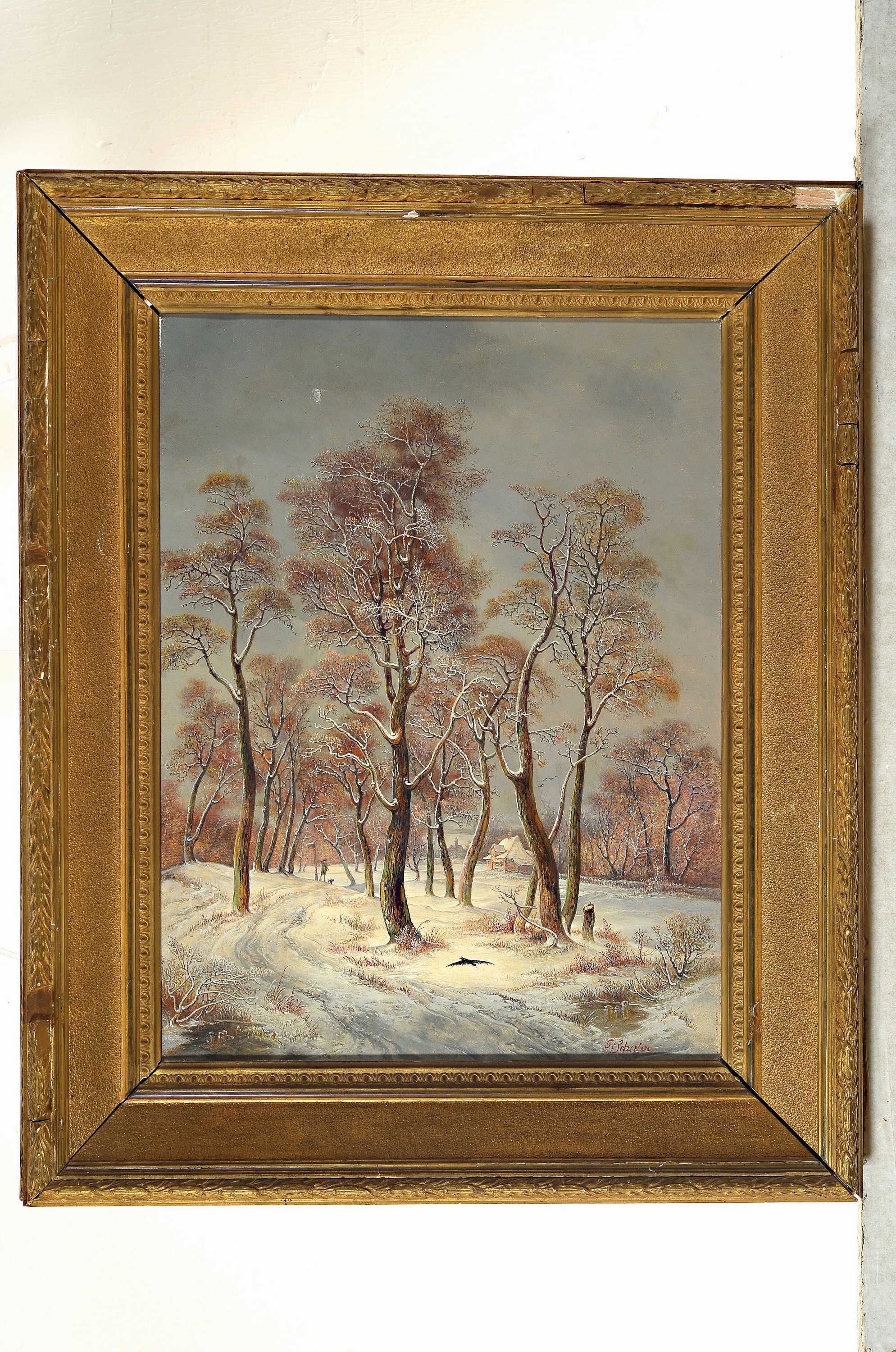 Detail k: G. Schuler, Maler der Düsseldorfer Schule, um 1890-1900, Jäger mit seinem Hund im verschneiten Winterwald, im Hintergrund ein Gehöft, Öl/Lwd, ...