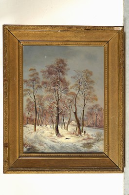 26791667k - G. Schuler, painter of the Düsseldorf School, around 1890-1900, hunter with his dog in the snowy winter forest, in the background a farm,oil/canvas, signed lower right, approx. 43x 32.5cm, frame dam. approx. 57x47cm
