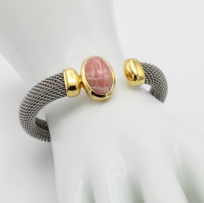 26791674a - Armreif mit Rhodochrosit, Stahl, Endkappen u. Fassung Silber verg., flexibel gearb.