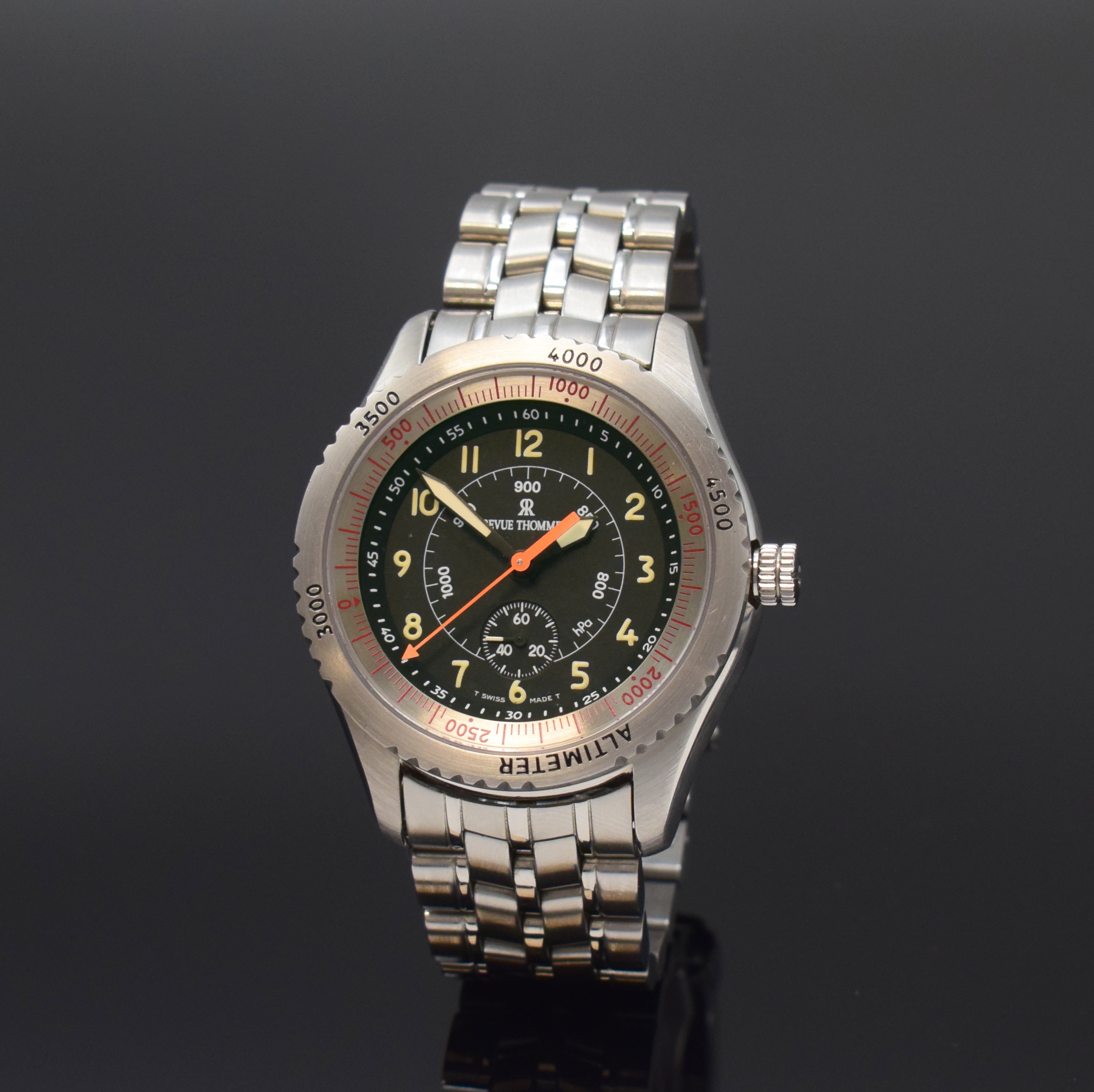 REVUE THOMMEN Airspeed Altimeter seltene Herrenarmbanduhr mit Höhenmesser in Stahl Referenz 5310001, Schweiz um 1990, Handaufzug, verschr. Geh. ...