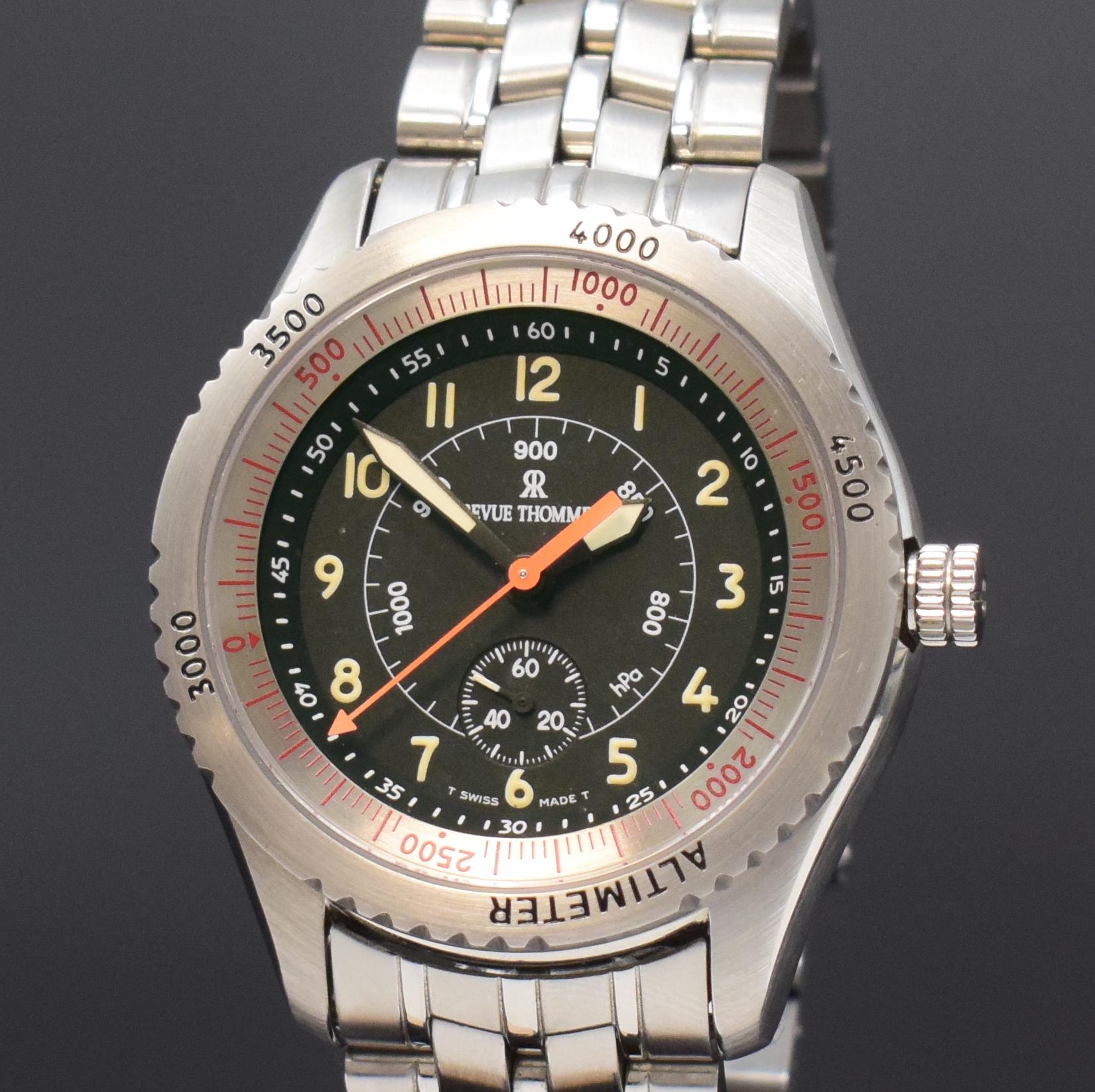 Detail a: REVUE THOMMEN Airspeed Altimeter seltene Herrenarmbanduhr mit Höhenmesser in Stahl Referenz 5310001, Schweiz um 1990, Handaufzug, verschr. Geh. ...
