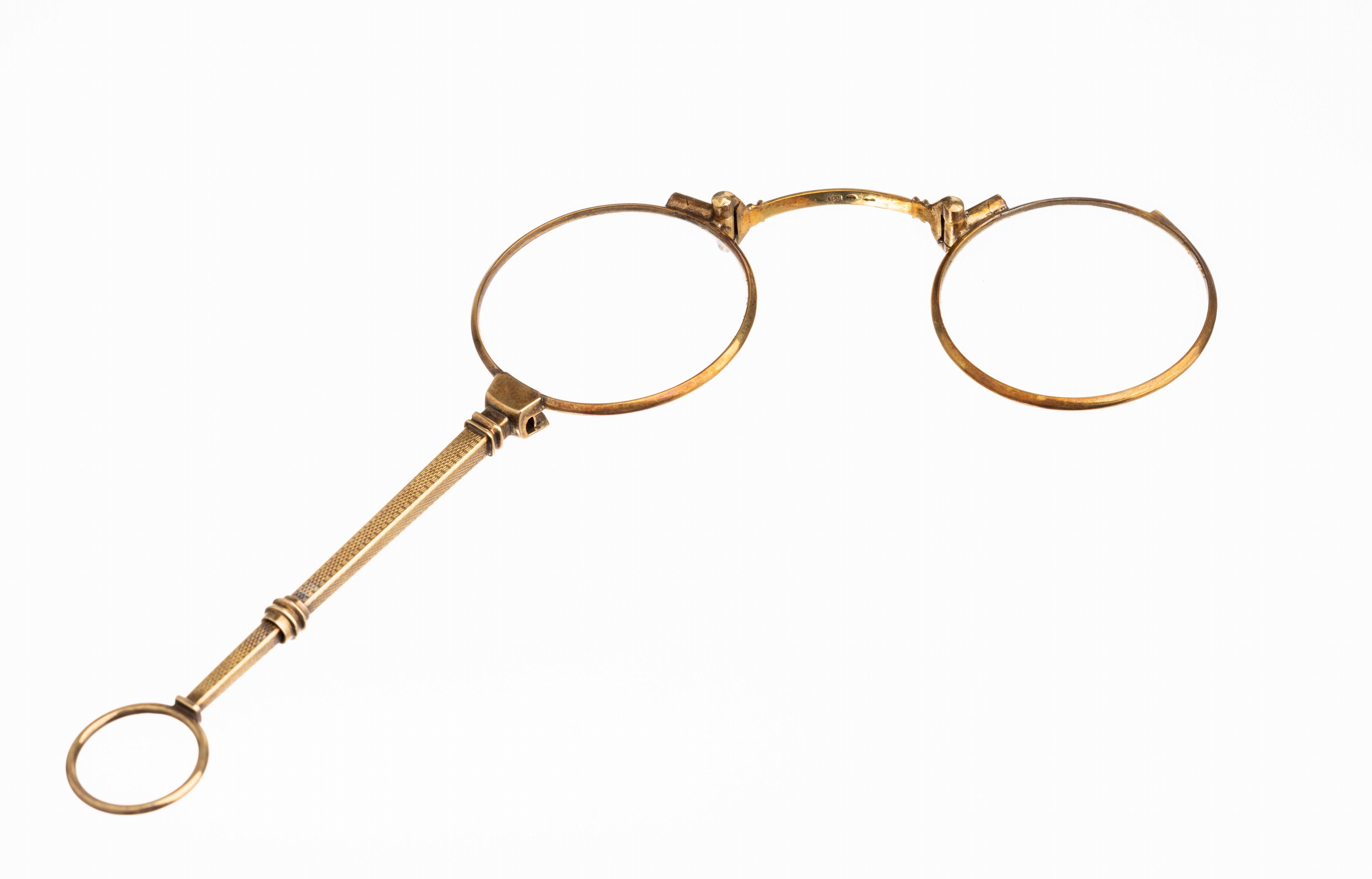 14 kt Gold Lorgnon, deutsch um 1900, GG 585/000, Mechanismus intakt, orig. Gläser, Schaft fein punziert, L. ca. 12.5 cm