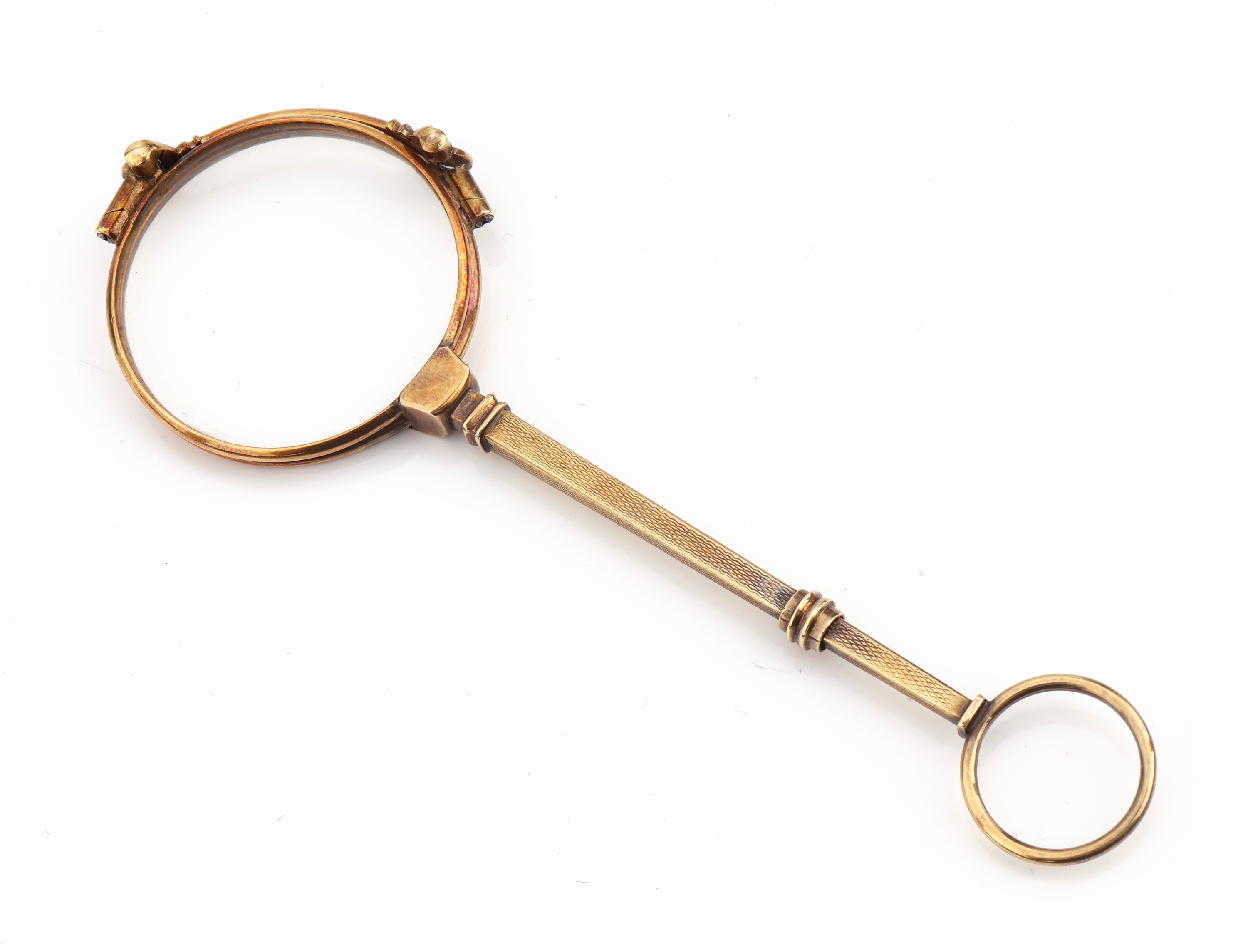 Detail a: 14 kt Gold Lorgnon, deutsch um 1900, GG 585/000, Mechanismus intakt, orig. Gläser, Schaft fein punziert, L. ca. 12.5 cm