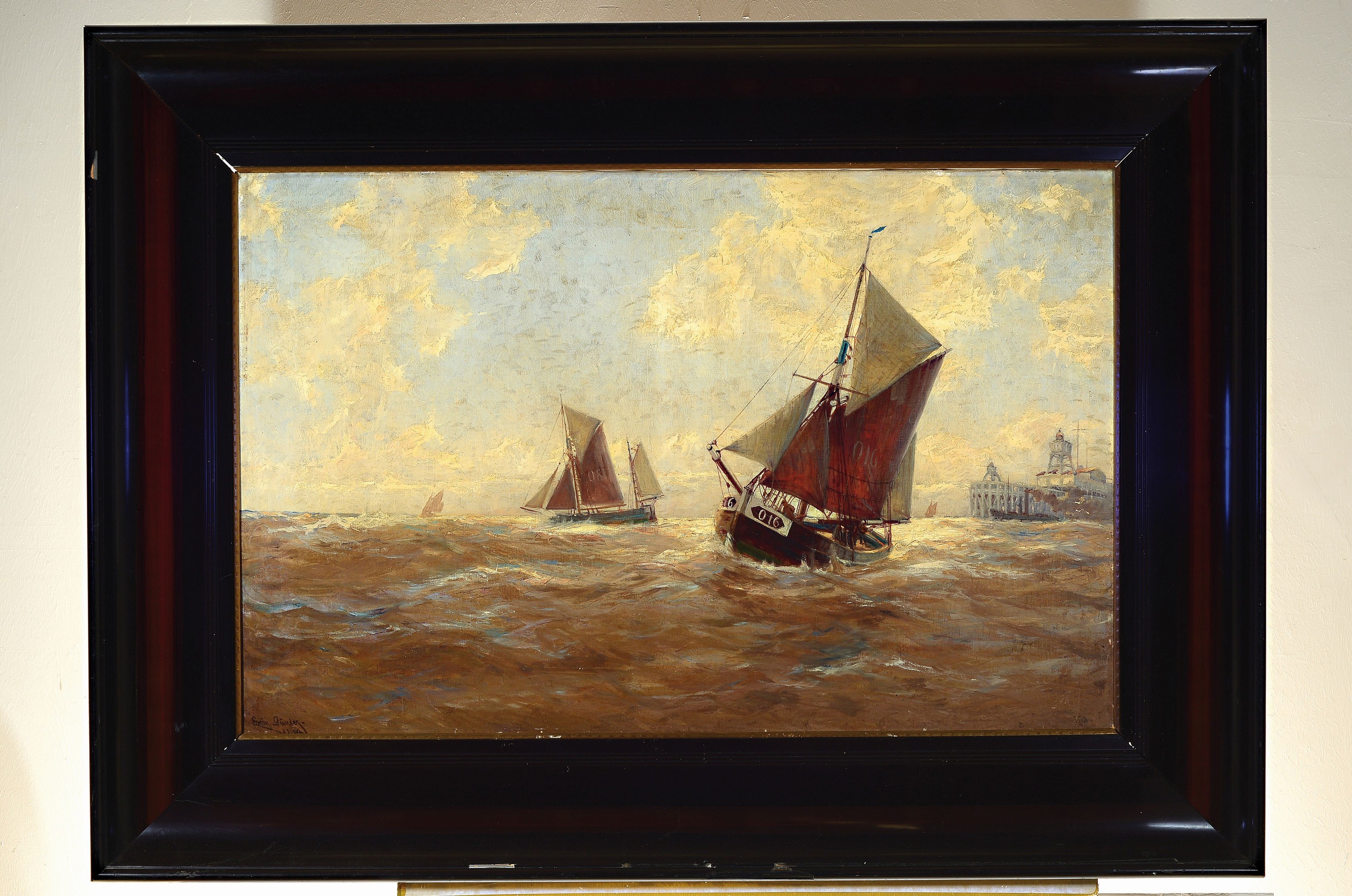 Detail k: Erwin Carl Wilhelm Günther, 1864 Hamburg-1927 Düsseldorf, maritime Szene, 2 Segelschiffe vor der Küste, im Hintergrund Dampfschiff vor Mole, links ...