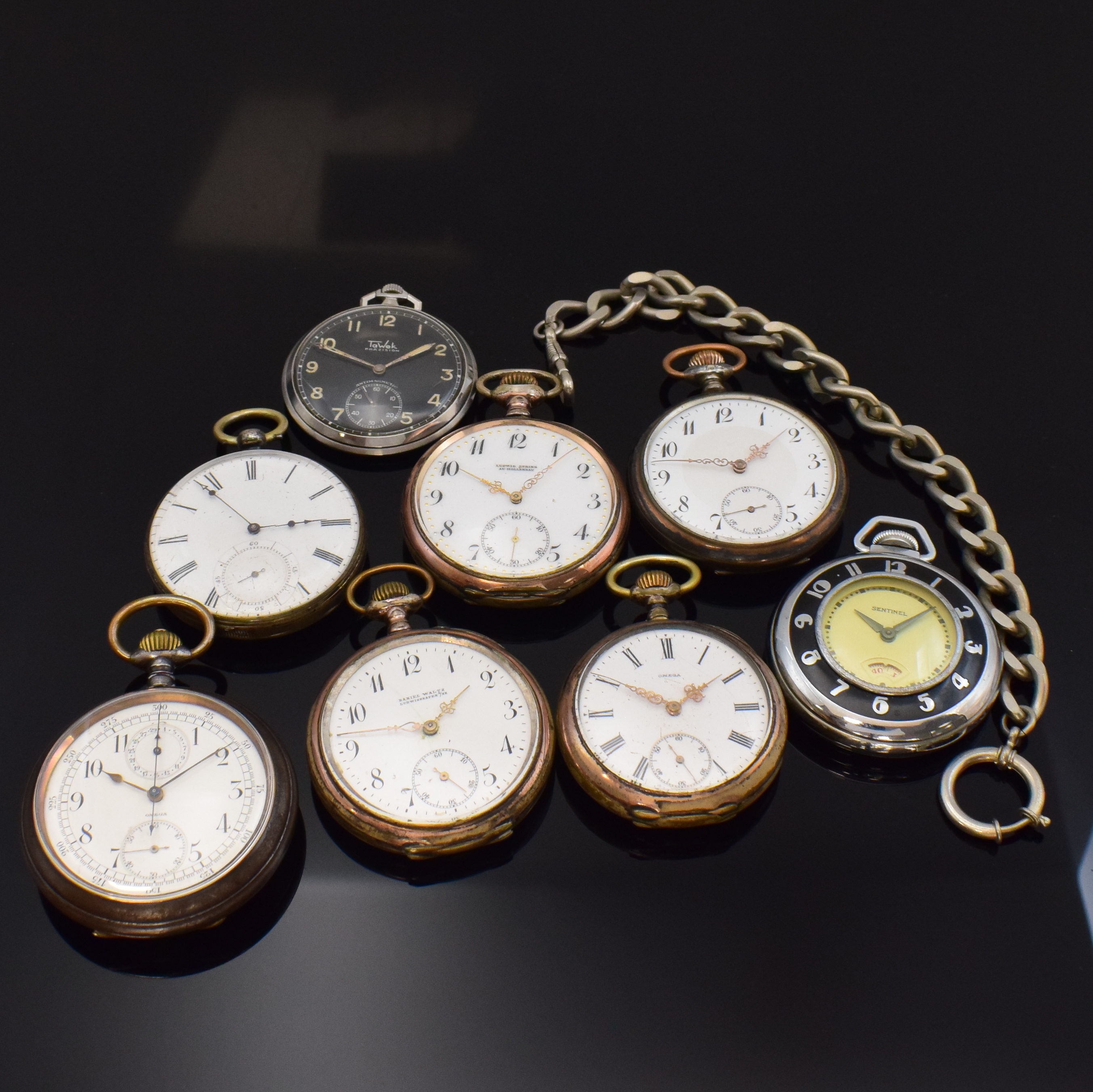 OMEGA Taschenuhr mit Chronograph und 7 weitere offene Taschenuhren, Schweiz ca. 1880-1940,Omega Chronograph in offenem Eisen-Geh., 3- tlg. ...
