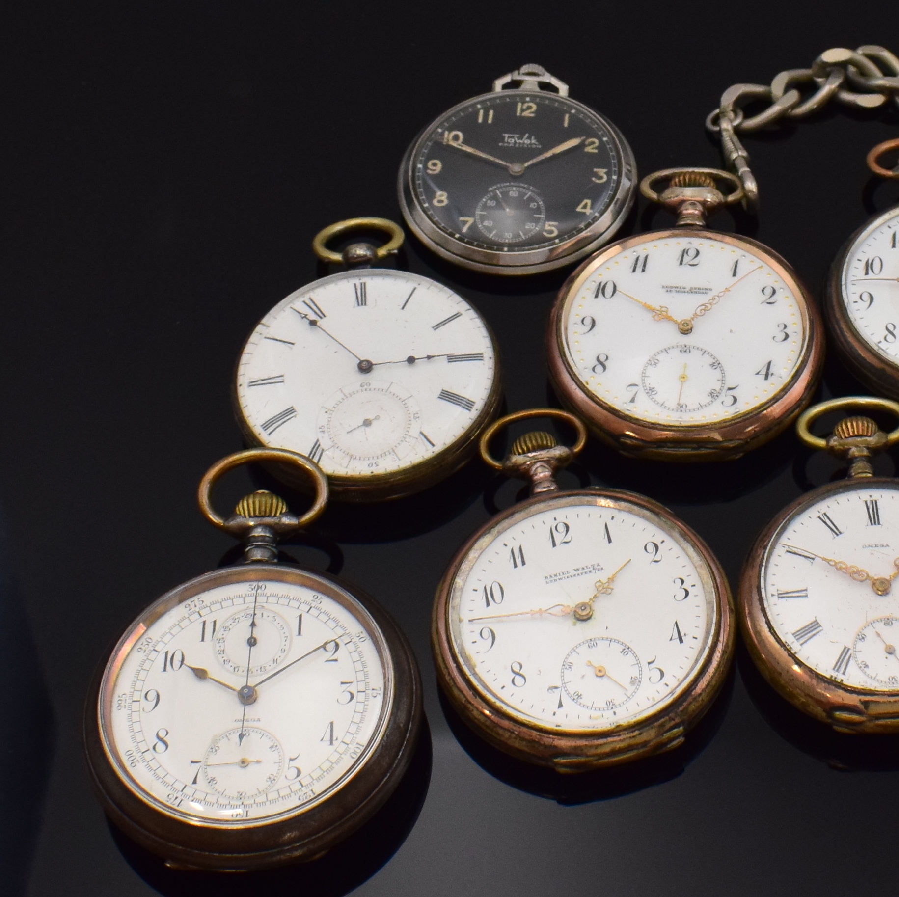 Detail a: OMEGA Taschenuhr mit Chronograph und 7 weitere offene Taschenuhren, Schweiz ca. 1880-1940,Omega Chronograph in offenem Eisen-Geh., 3- tlg. ...