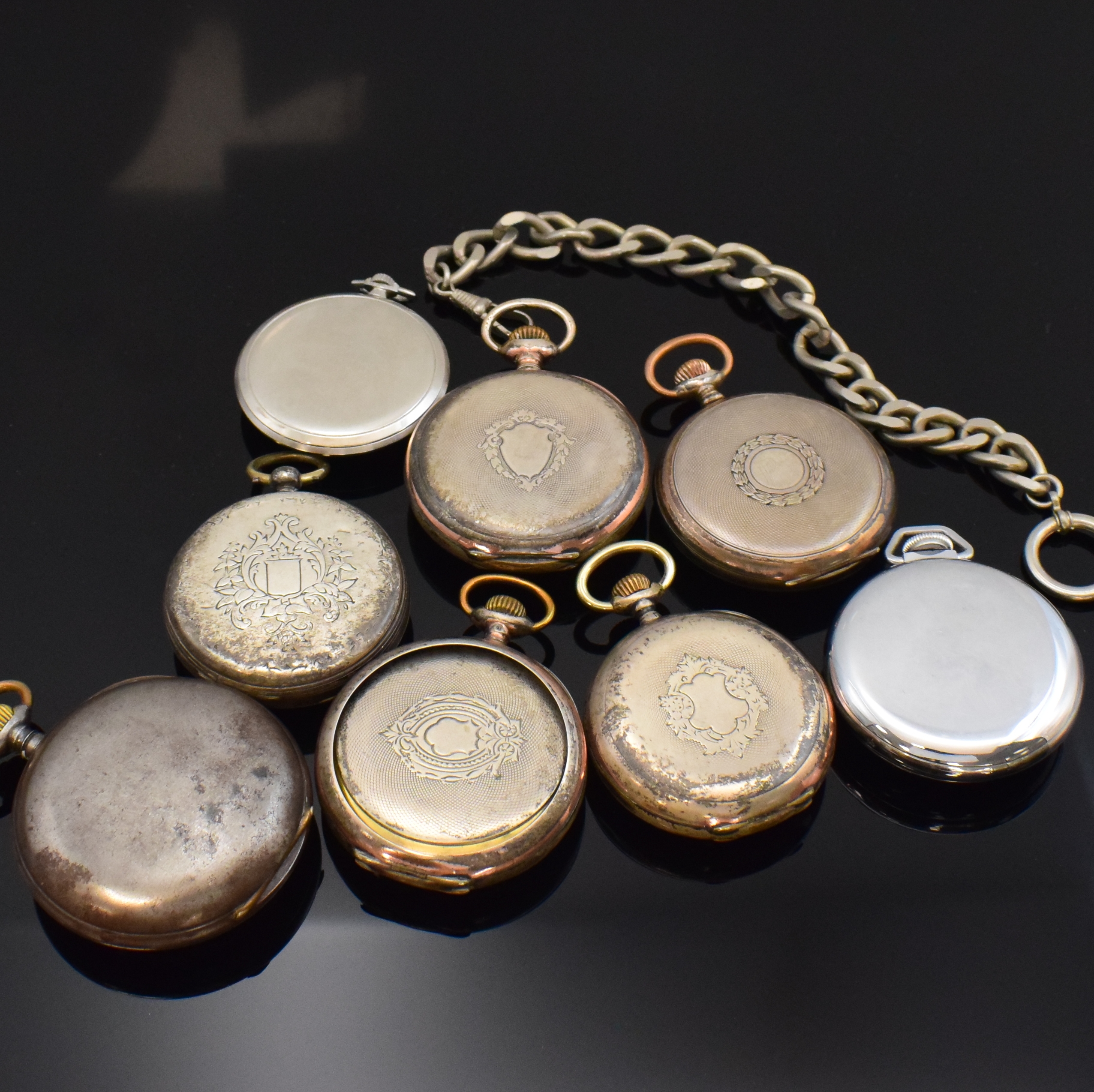 Detail c: OMEGA Taschenuhr mit Chronograph und 7 weitere offene Taschenuhren, Schweiz ca. 1880-1940,Omega Chronograph in offenem Eisen-Geh., 3- tlg. ...