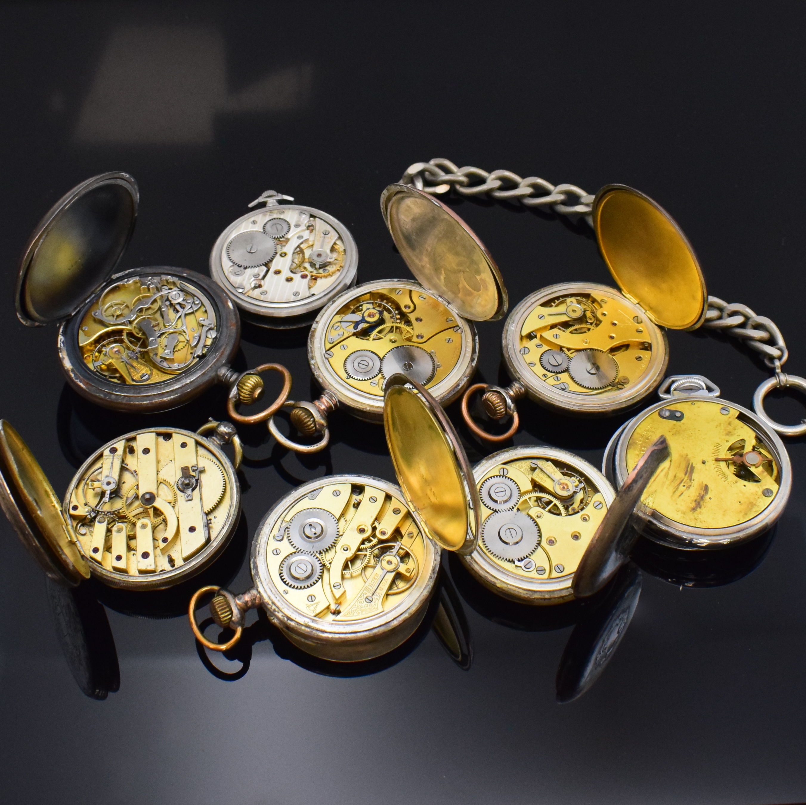 Detail d: OMEGA Taschenuhr mit Chronograph und 7 weitere offene Taschenuhren, Schweiz ca. 1880-1940,Omega Chronograph in offenem Eisen-Geh., 3- tlg. ...