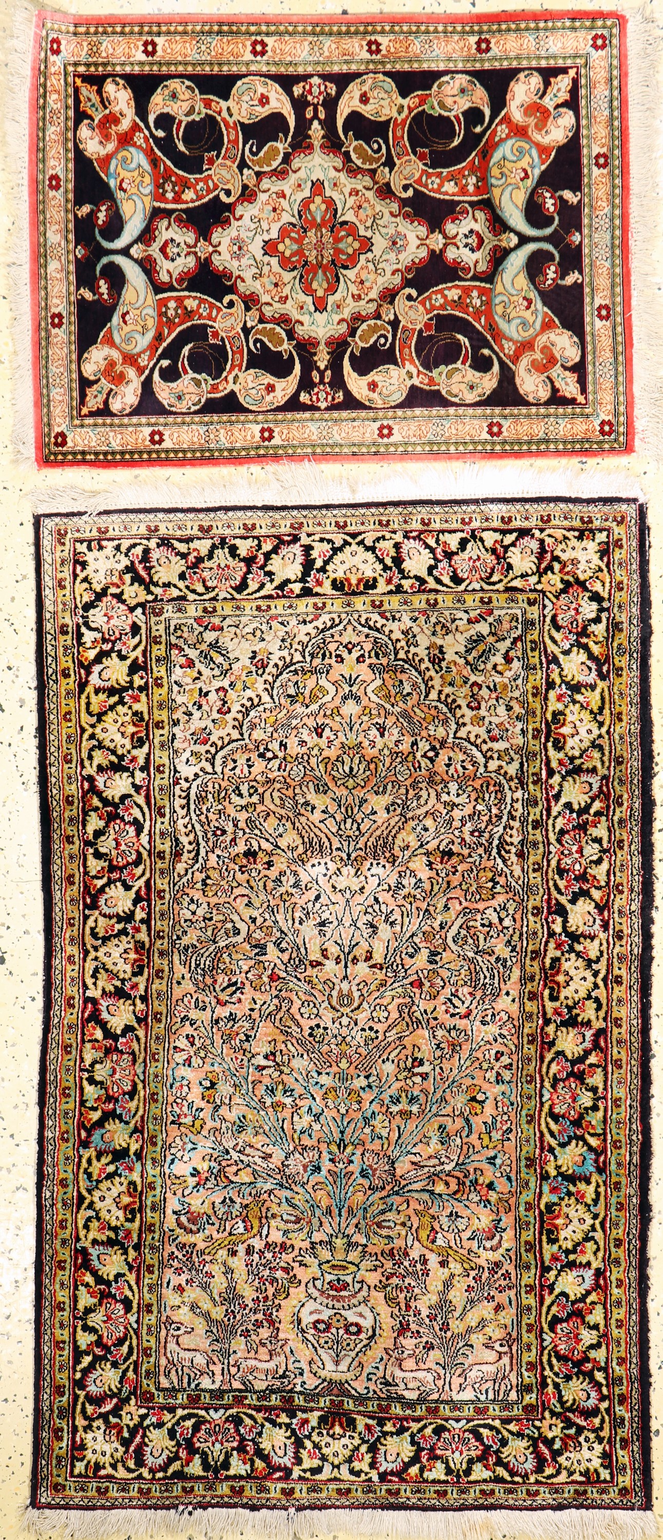 2 Lots Ghom Seide, Persien, Mitte 20.Jhd, reine Naturseide, ca. 130 x 80 cm & ca. 77 x 57 cm, EHZ: 2