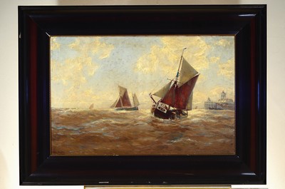 26791718k - Erwin Carl Wilhelm Günther, 1864 Hamburg-1927 Düsseldorf, maritime scene, 2 sailing ships off the coast, in the background a steamship in front of the pier, signed and dated 1914 atthe bottom left, oil/canvas, cleaning recommended, 65x100 cm, frame damaged, 95x130 cm; Günther studied at the Düsseldorf Academy and was a member of the paintbox