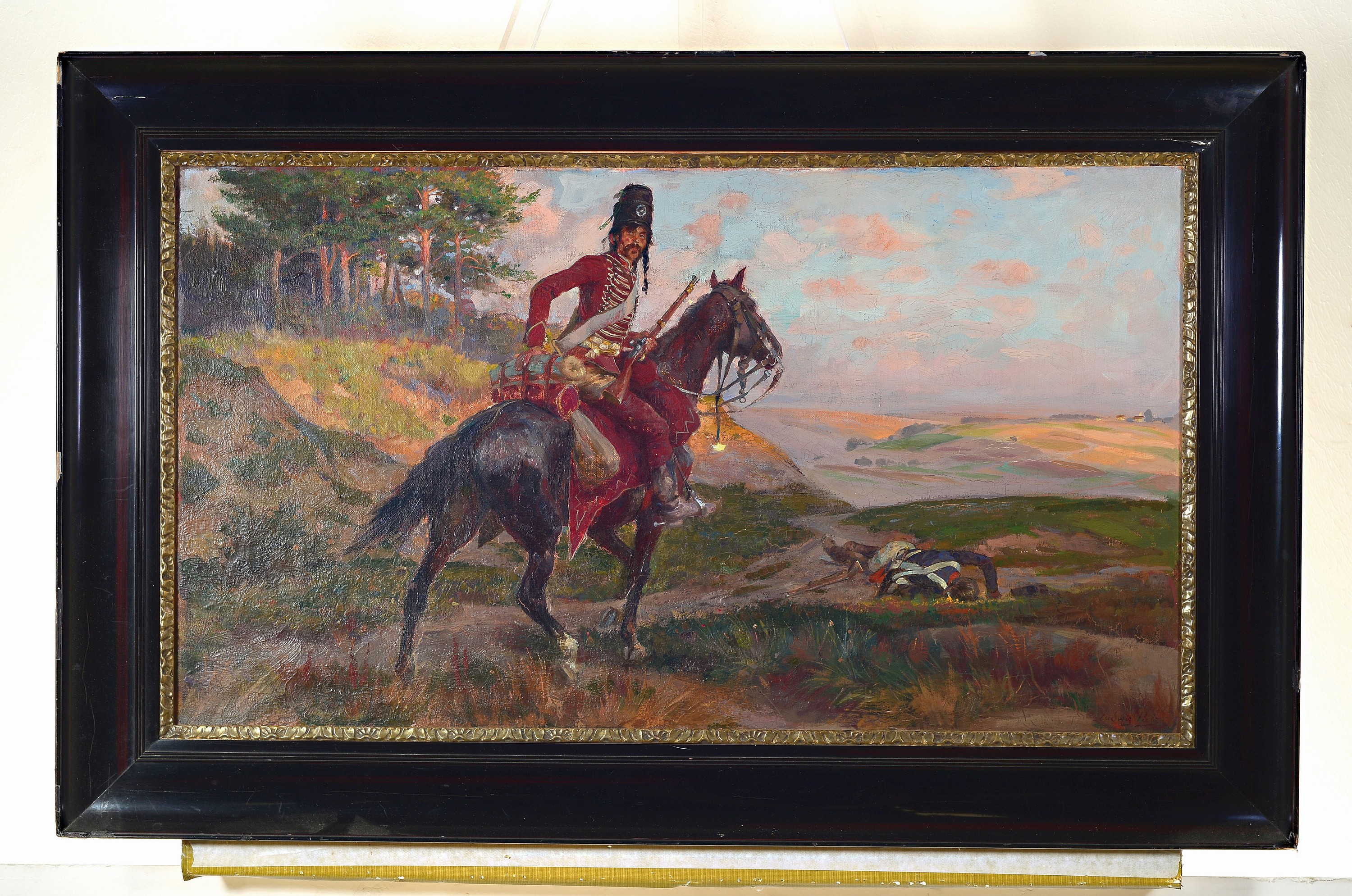 Detail k: Ludwig Putz, 1866 Wien - 1947, österreichischer Maler, bekannt für seine Schlachten- und Militärdarstellungen, Husar zu Pferd, Öl/Lwd, signiert, ...