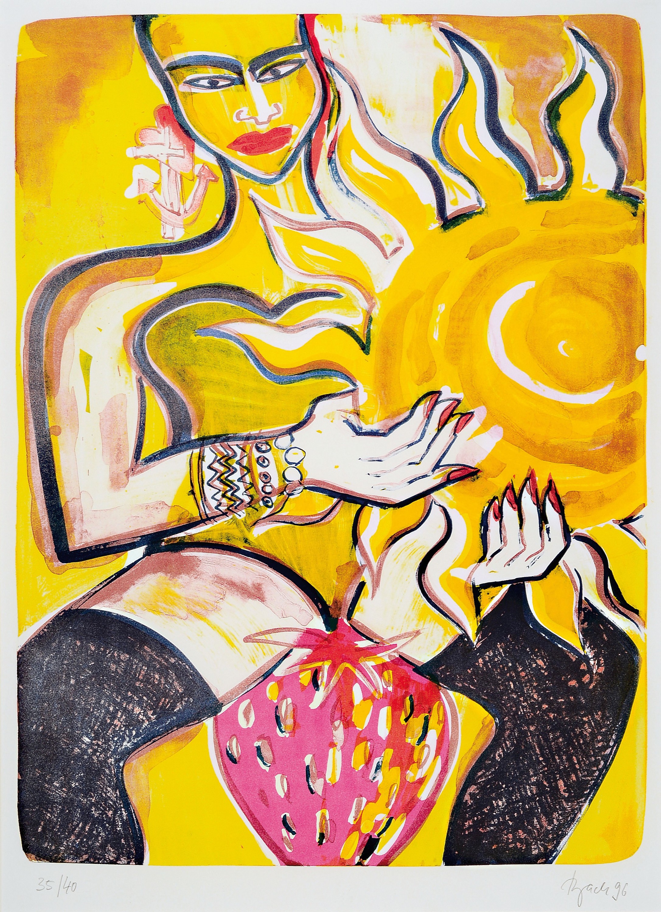 Elvira Bach, geb. 1951 Neuenheim, Lithographie, Frau auf Erdbeere, 1969, Ed. 35/40, signiert und datiert unter PP und Glas 108x82 cm