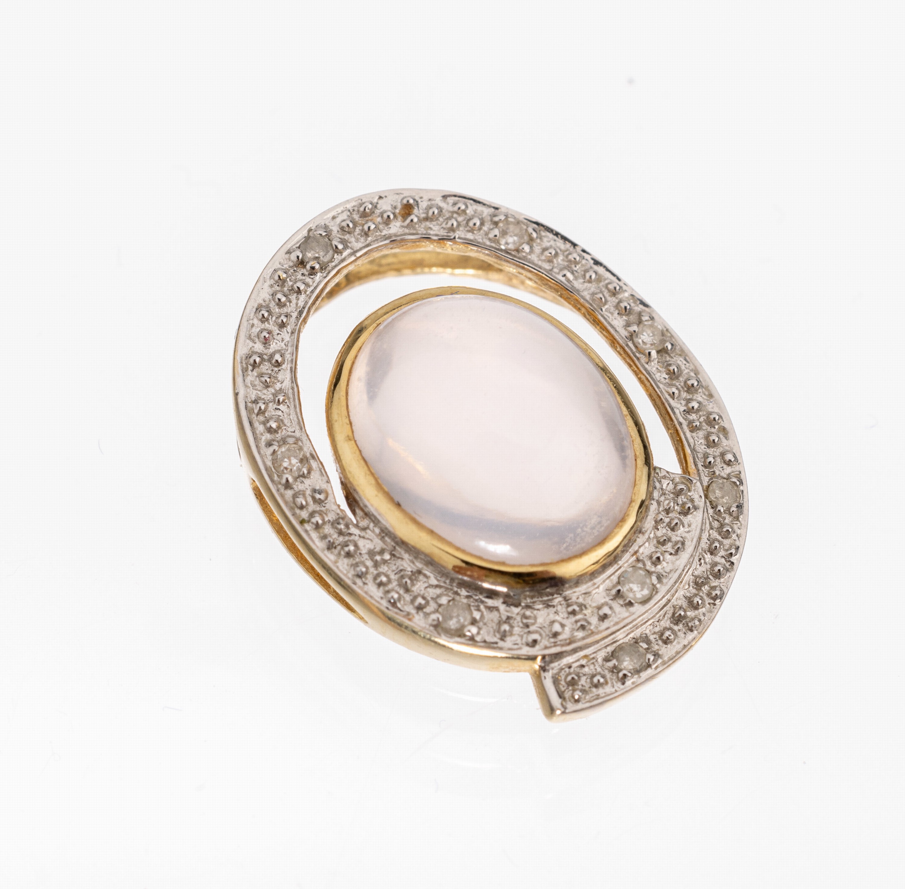14 kt Gold Mondstein-Diamant-Anhänger, GG 585/000, Mondsteincabochon ca. 2.0 ct, 8 8/8-Diamanten zus. ca. 0.04 ct Weiß/p, in rhod. Fassungen, ...