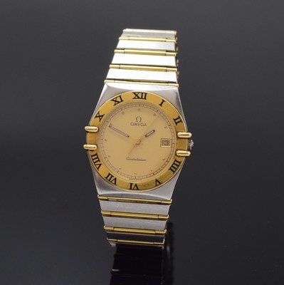 Image 26792111 - OMEGA gents wristwatch Constellation reference 396.1070/396.1080, Switzerland around 1990, stainless steel/gold combined including bracelet, snap on case back, gold bezel with black, Roman indices, gilded dial, quartz, display of hours, minutes, sweep seconds and date, diameter approx. 33 mm, length approx. 19 cm, Omega box, condition 2-3