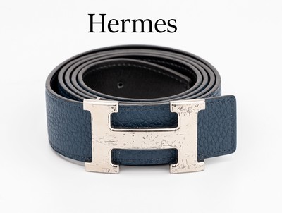 Image HERMES Wende-Gürtel, Vintage, schwarzes Glattleder/blaues genarbtes Leder, ...