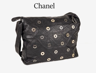 Image CHANEL Vintage tote bag , Paris, black calfskin, diamond top stitching, eyelets with ...