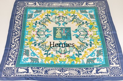 Image HERMES carree, 100% silk , "Early America", creamcoloured ground, edge green ...