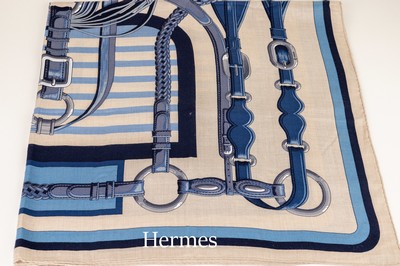 Image Big HERMES scarf , 65% cashmere, 35% silk, "Coaching", sand coloured ground, ...