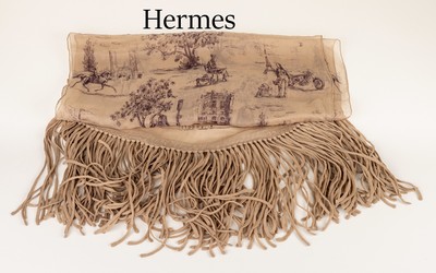 Image HERMES scarf , 100% silk, beige coloured, representations of different scenes in paris, ...