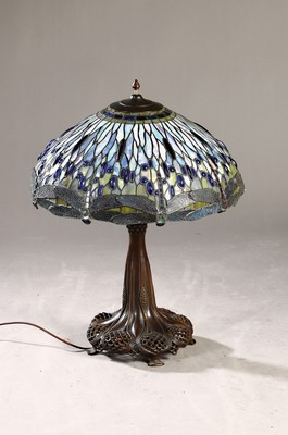 Image table lamp in Tiffany-style, 20th c., heavy bronze foot in organic designing, glass ...