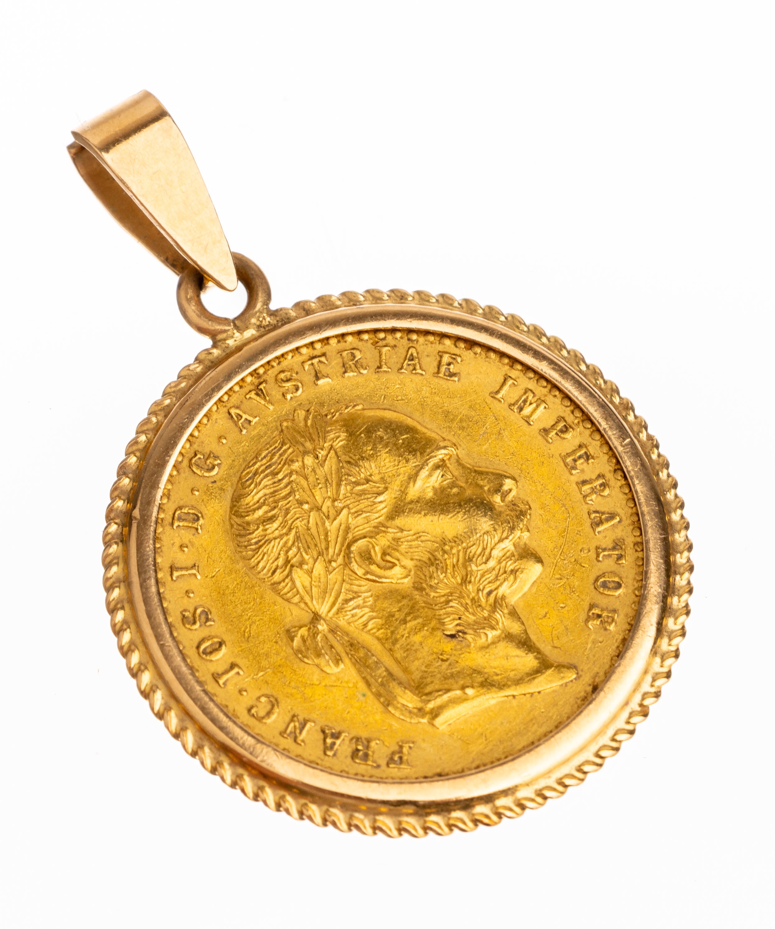 18 kt Gold Anhänger mit Goldmünze, GG 750/000 und Dukatengold, Nachprägung 1915, 1 Dukat, Österreich-Ungarn Franz Joseph I., total ca. 5.0 g