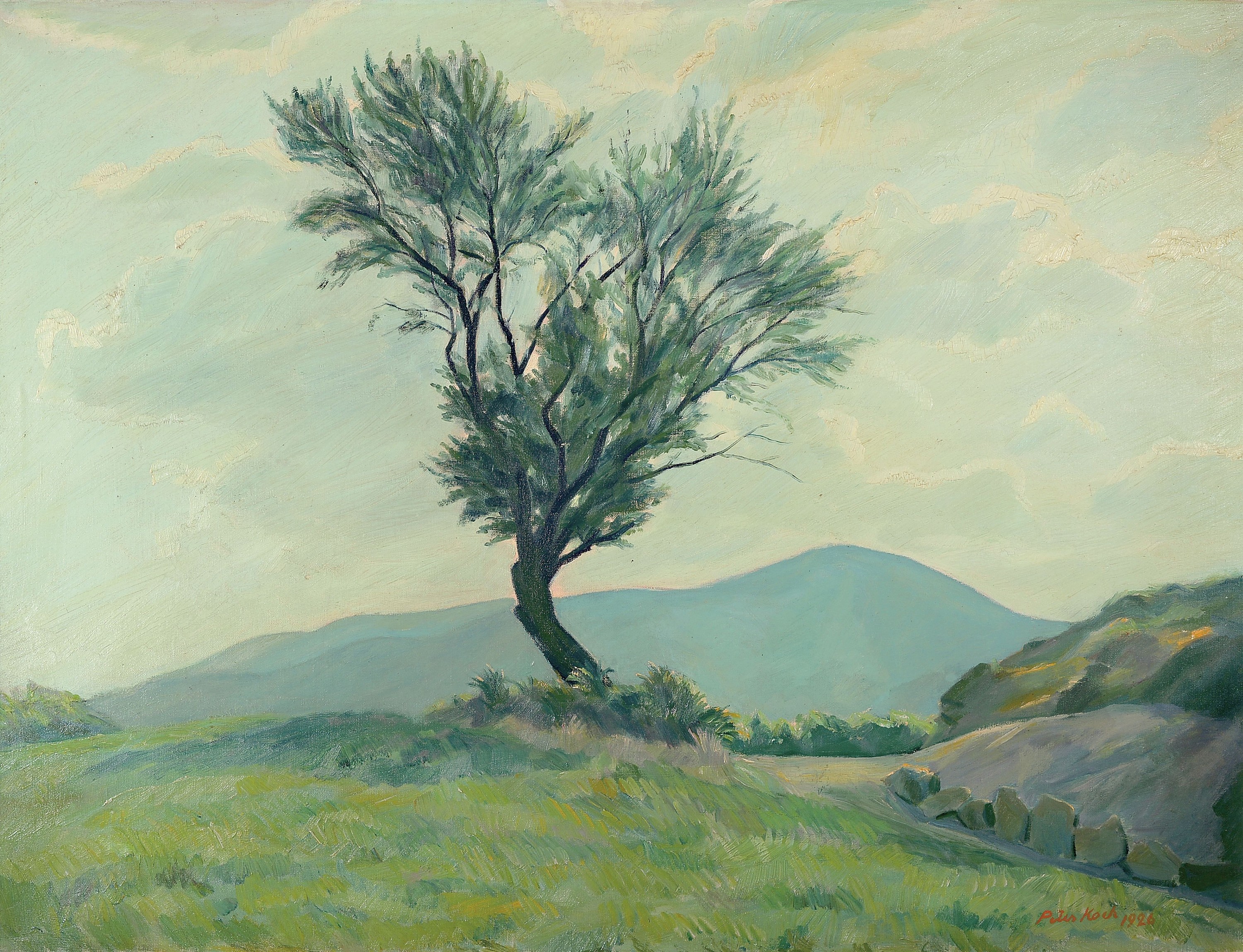 Peter Koch, 1874 Deidesheim - 1956 Gimmeldingen, "Landschaft im Vogelsang" so auf altem Etikett bezeichnet, Öl/Lwd, rechts unten signiert, ...