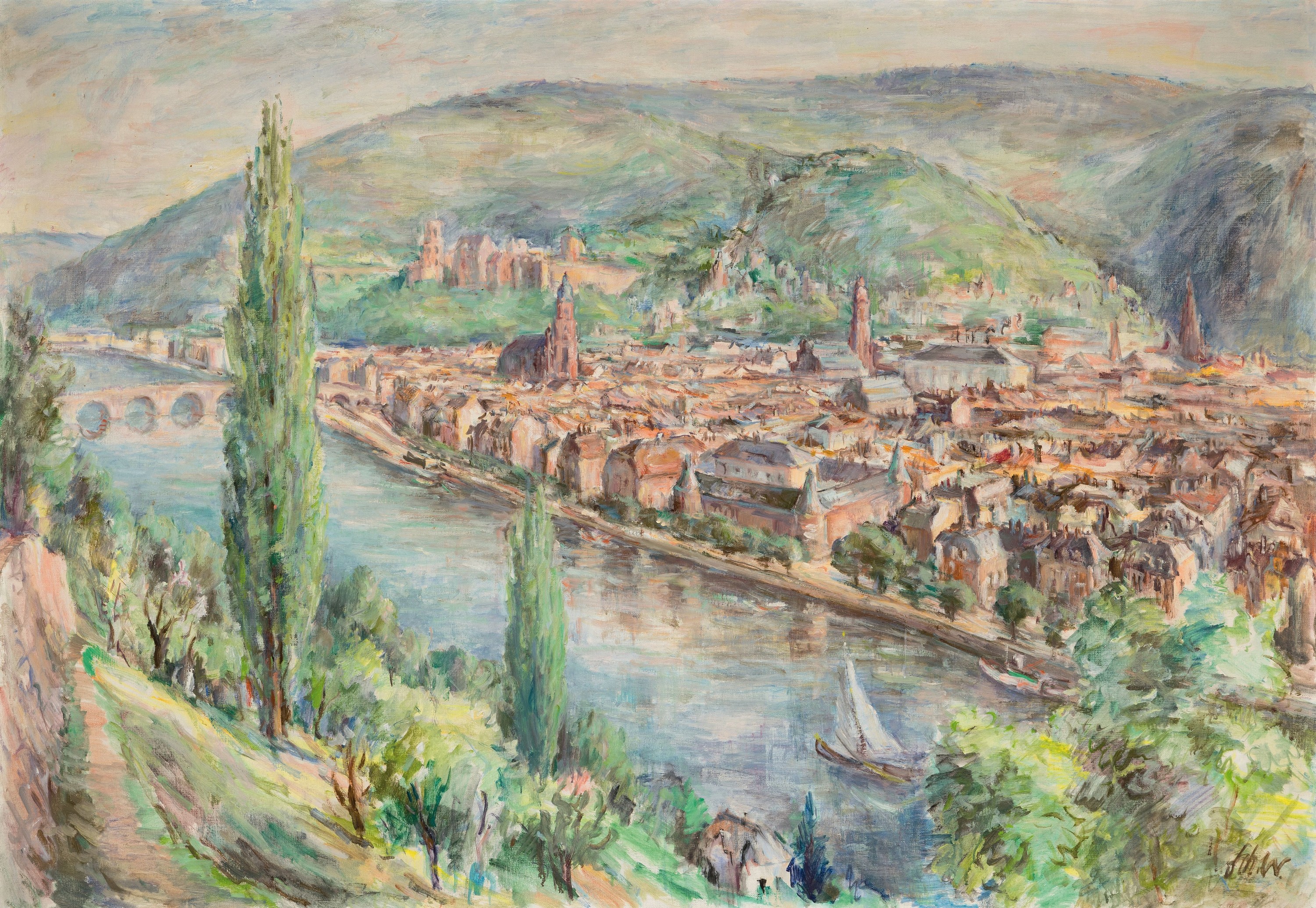 Ungedeuteter Künstler der 1970/80er-Jahre, Blick über Heidelberg, Großformat, Blick vom Philosophenweg auf Altstadt und Schloß, Öl/Lwd, rechts ...