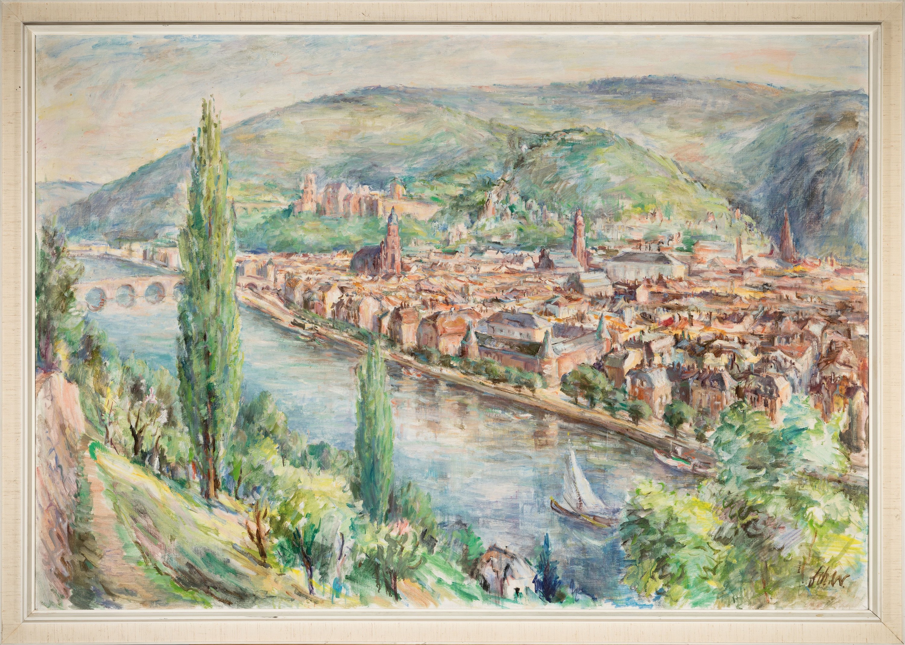 Detail k: Ungedeuteter Künstler der 1970/80er-Jahre, Blick über Heidelberg, Großformat, Blick vom Philosophenweg auf Altstadt und Schloß, Öl/Lwd, rechts ...