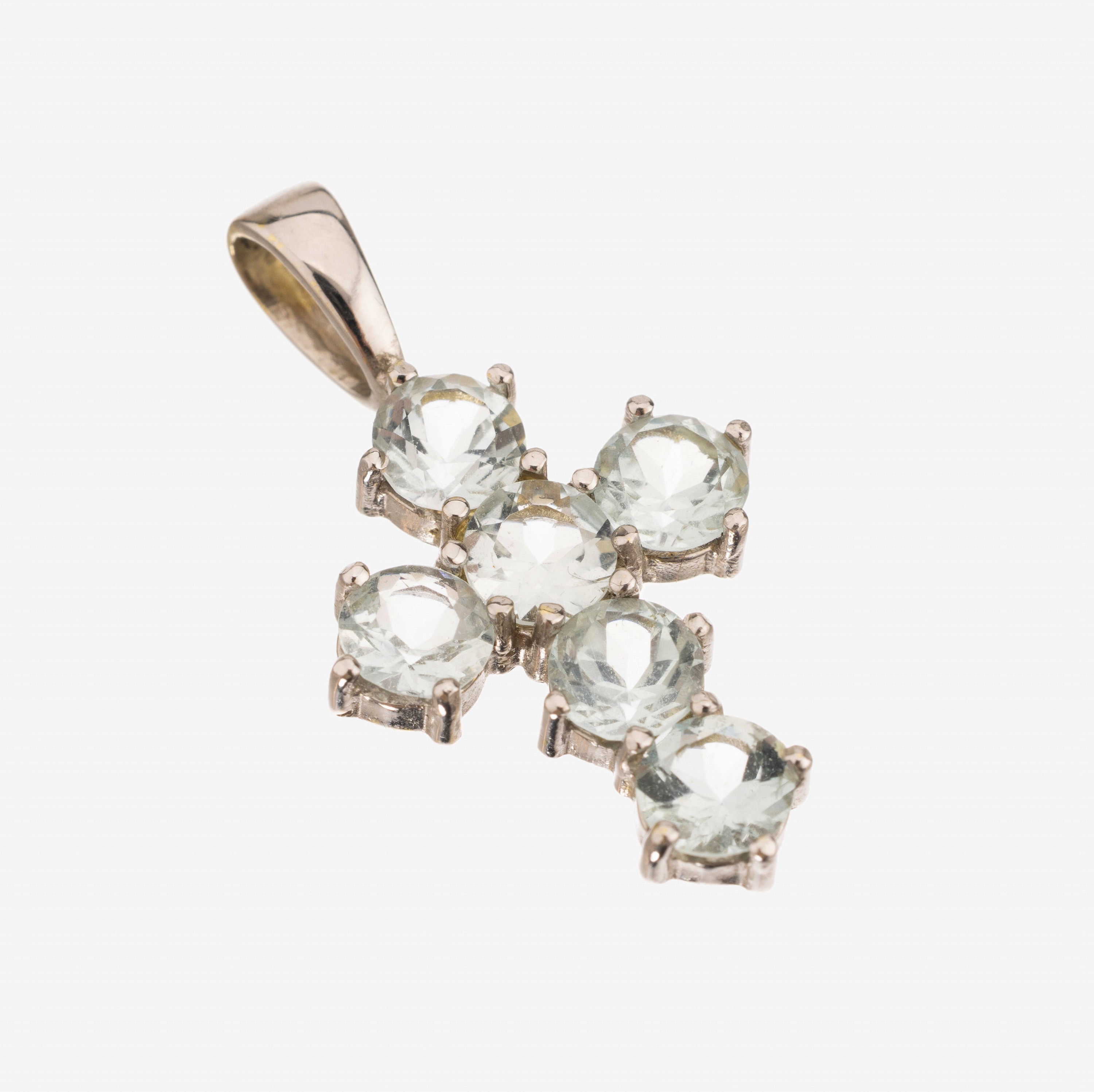 14 kt Gold Aquamarin-Kreuzanhänger, WG 585/000, 6 rundfacett. Aquamarine zus. ca. 3 ct, total ca. 3.0 g, L. ca. 3 cm