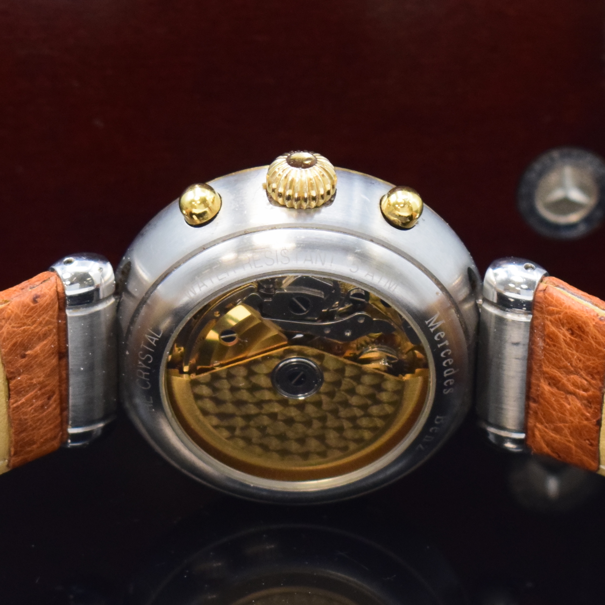 Detail c: MERCEDES BENZ Armbandchronograph, Automatik, Schweiz um 1998, Edelstahl/Gold kombiniert inkl. orig. Lederband m. Faltschl., beids. vergl., teilguill. ...