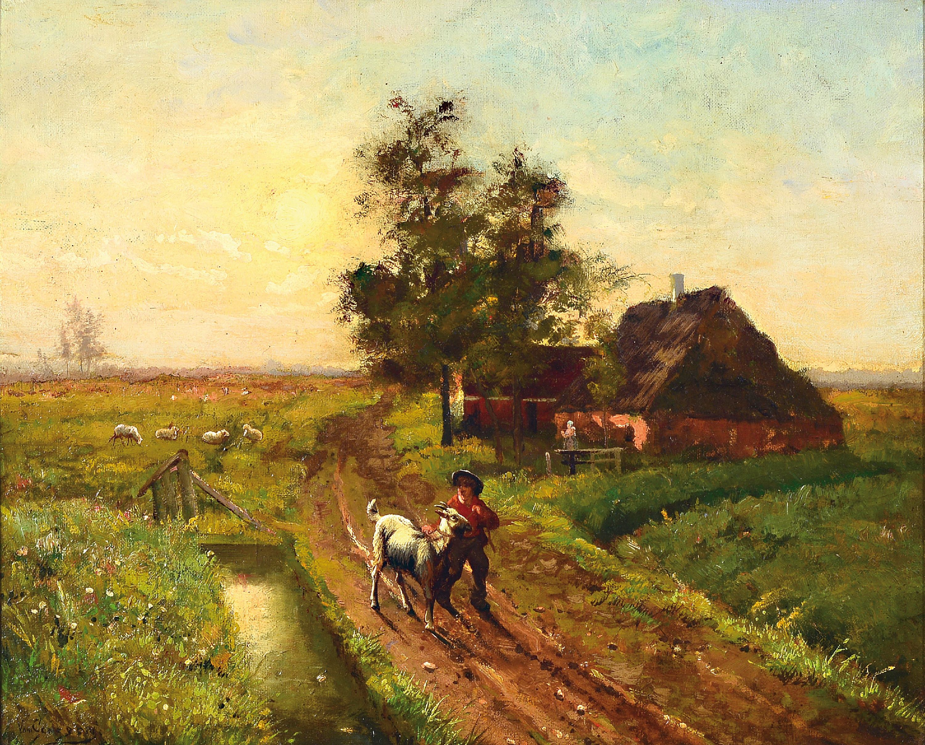 Vant Cussin o.ä., Ende 19.Jh., Bauernknabe mit Ziege auf Feldweg in pastoraler Landschaft, links unten unleserlich signiert, Öl/Lwd, 37x46 cm, ...