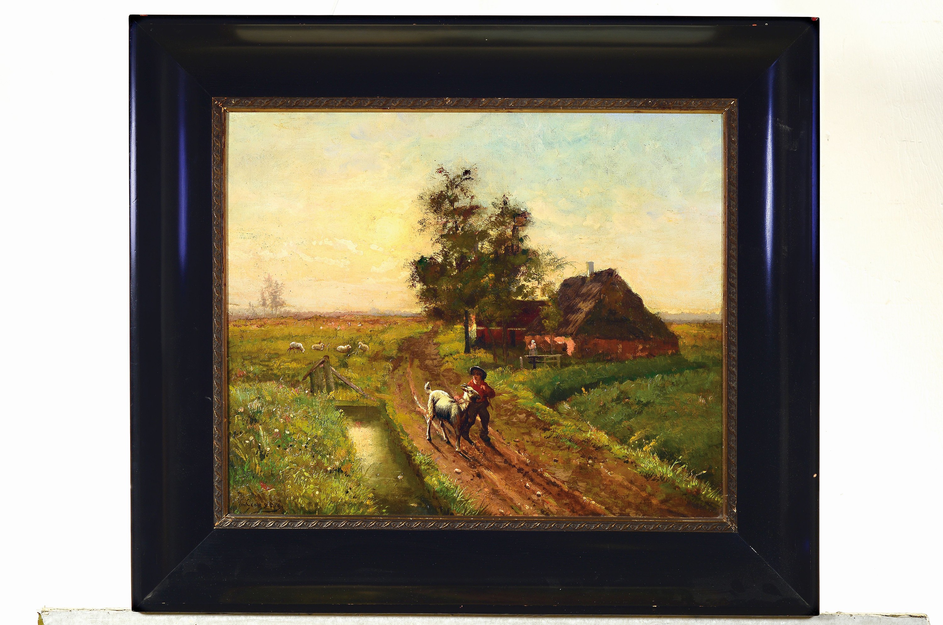 Detail k: Vant Cussin o.ä., Ende 19.Jh., Bauernknabe mit Ziege auf Feldweg in pastoraler Landschaft, links unten unleserlich signiert, Öl/Lwd, 37x46 cm, ...