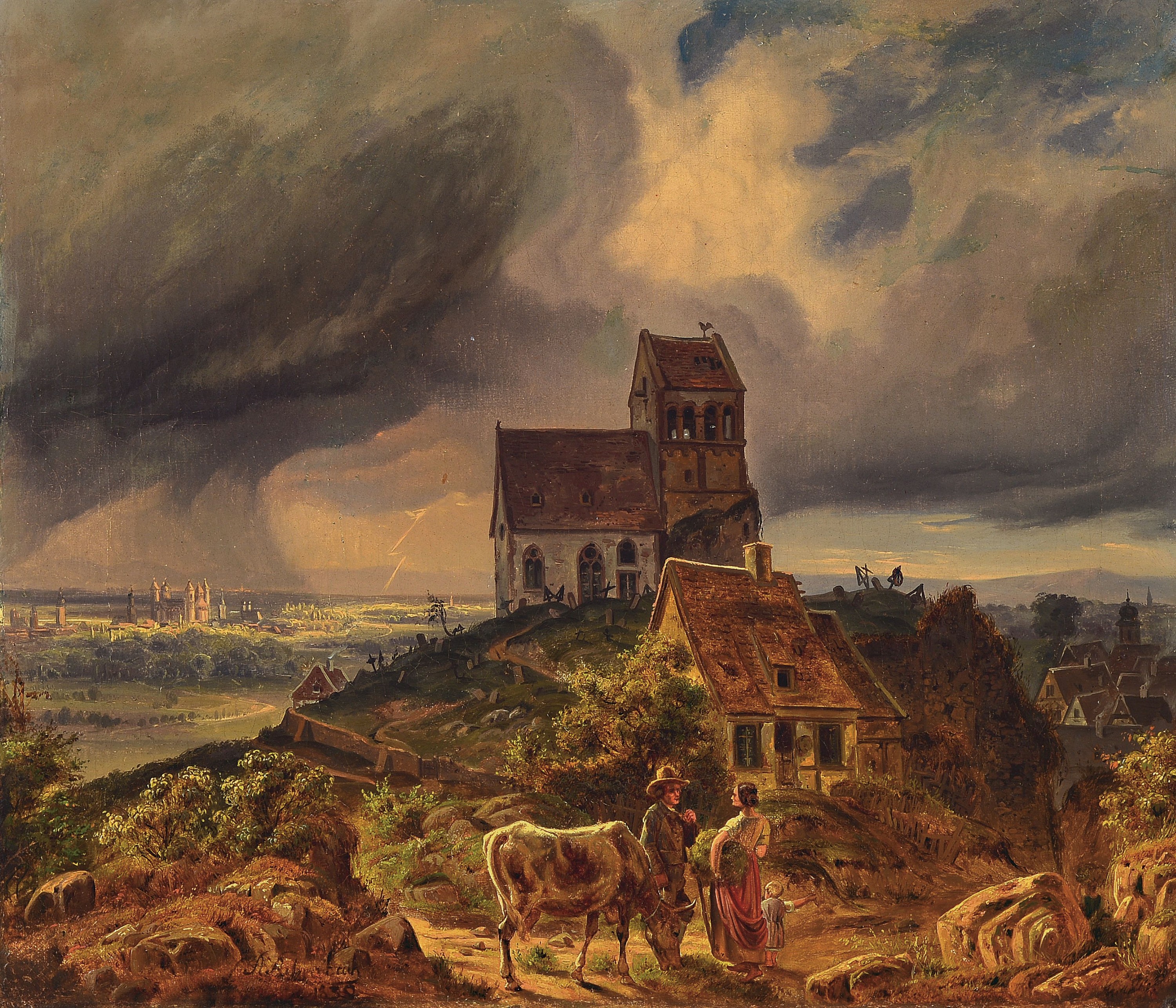 Andreas Achenbach, 1815 Kassel-1910 Düsseldorf Blick auf Worms mit der "Bergkirche" St. Petri in Hochheim im Vordergrund, über die Stadt ...