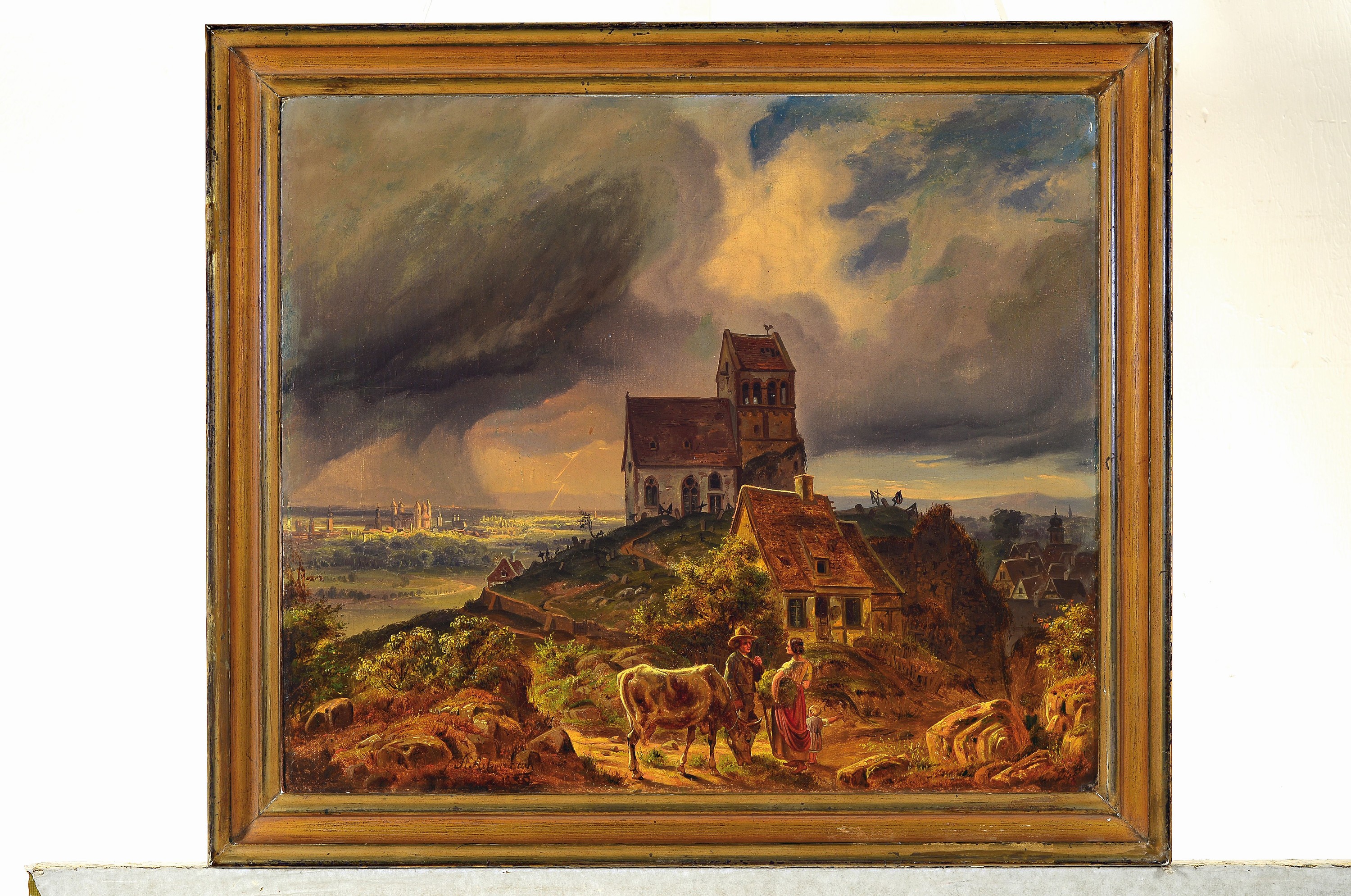 Detail k: Andreas Achenbach, 1815 Kassel-1910 Düsseldorf Blick auf Worms mit der "Bergkirche" St. Petri in Hochheim im Vordergrund, über die Stadt ...