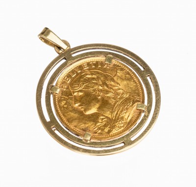 Image 26793324 - 14 kt gold pendant with gold coin 20 Swiss Francs 1947