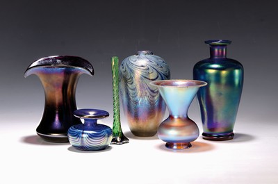 Image 6 vases, 1920/1930s until second half 20th c., a. Myra-glass, WMF, H. 11 cm, minor dam., ...